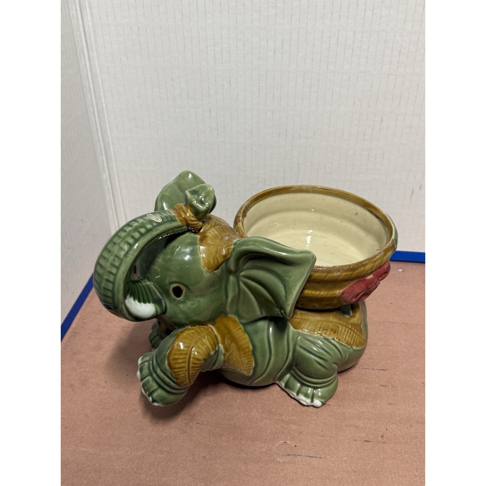 Ceramic Green Elephant Shaped Decorative Planter Animal Art Pottery